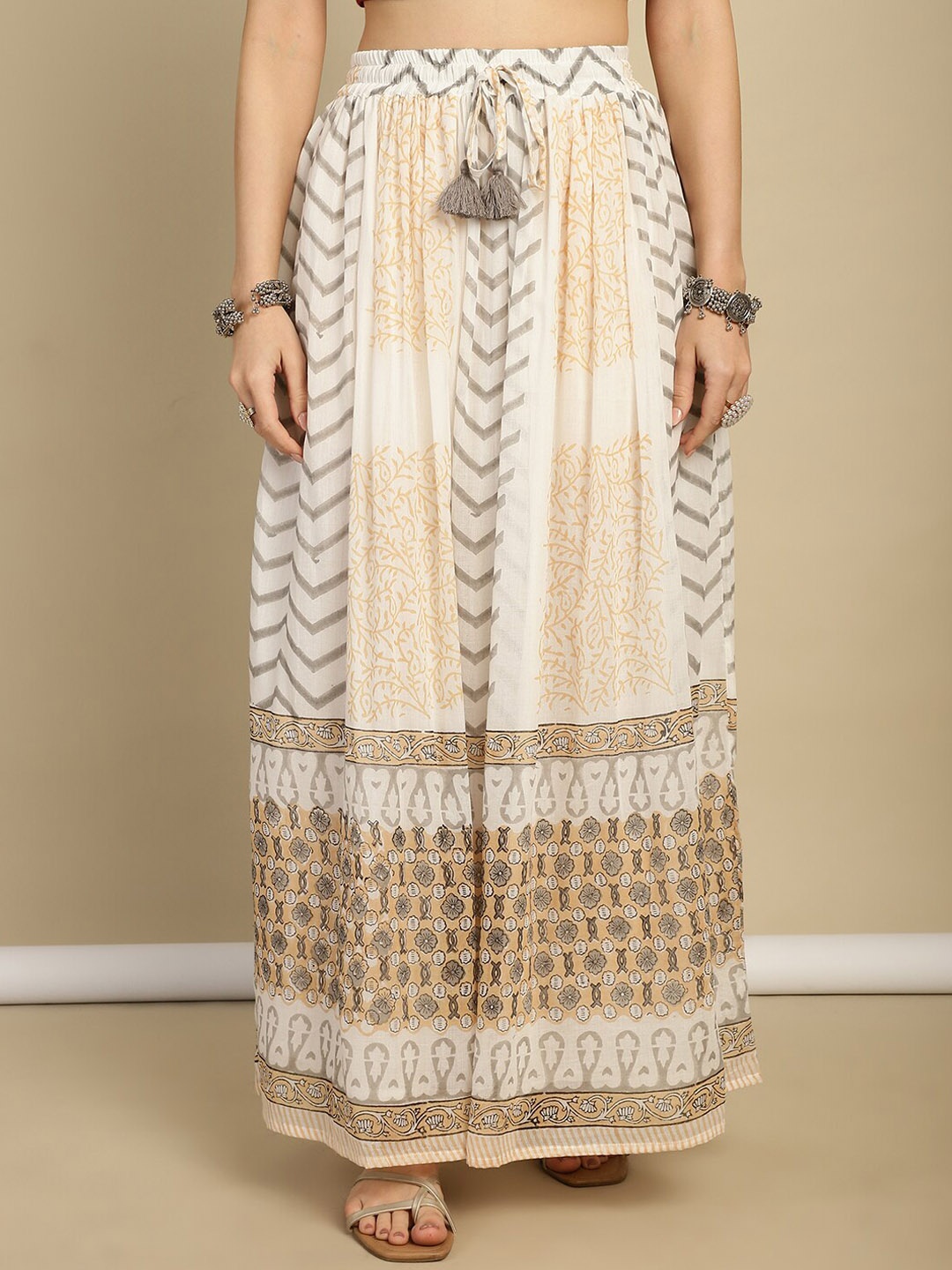 

Prakrti Zic-Zac Printed Pure Cotton Flared Maxi Skirt, Beige