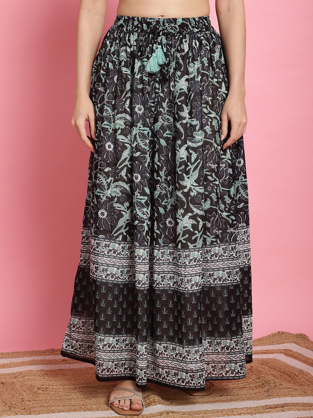 

Prakrti Printed Pure Cotton Flared Maxi Skirt, Black