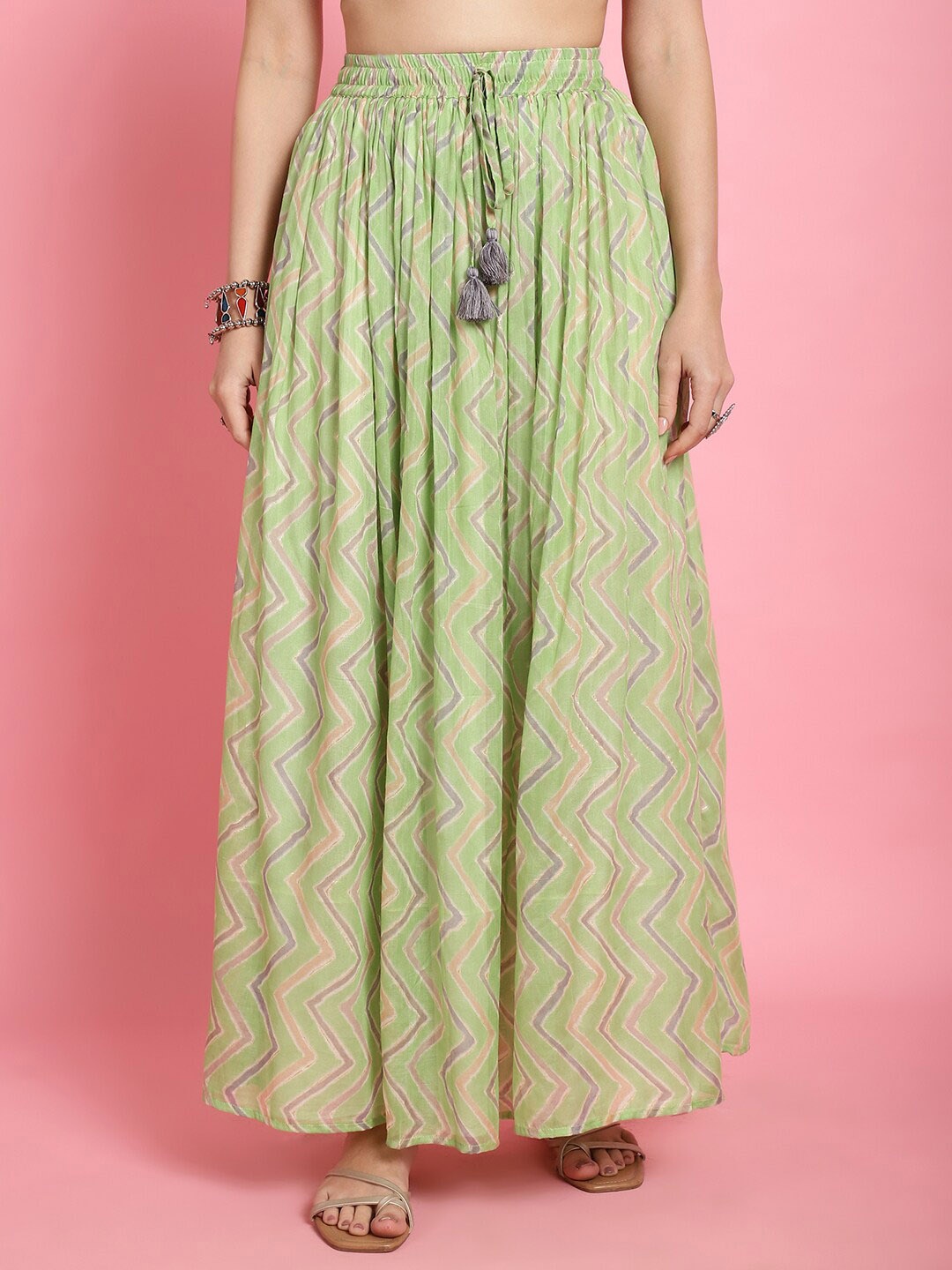 

Prakrti Printed Pure Cotton Flared Maxi Skirt, Green