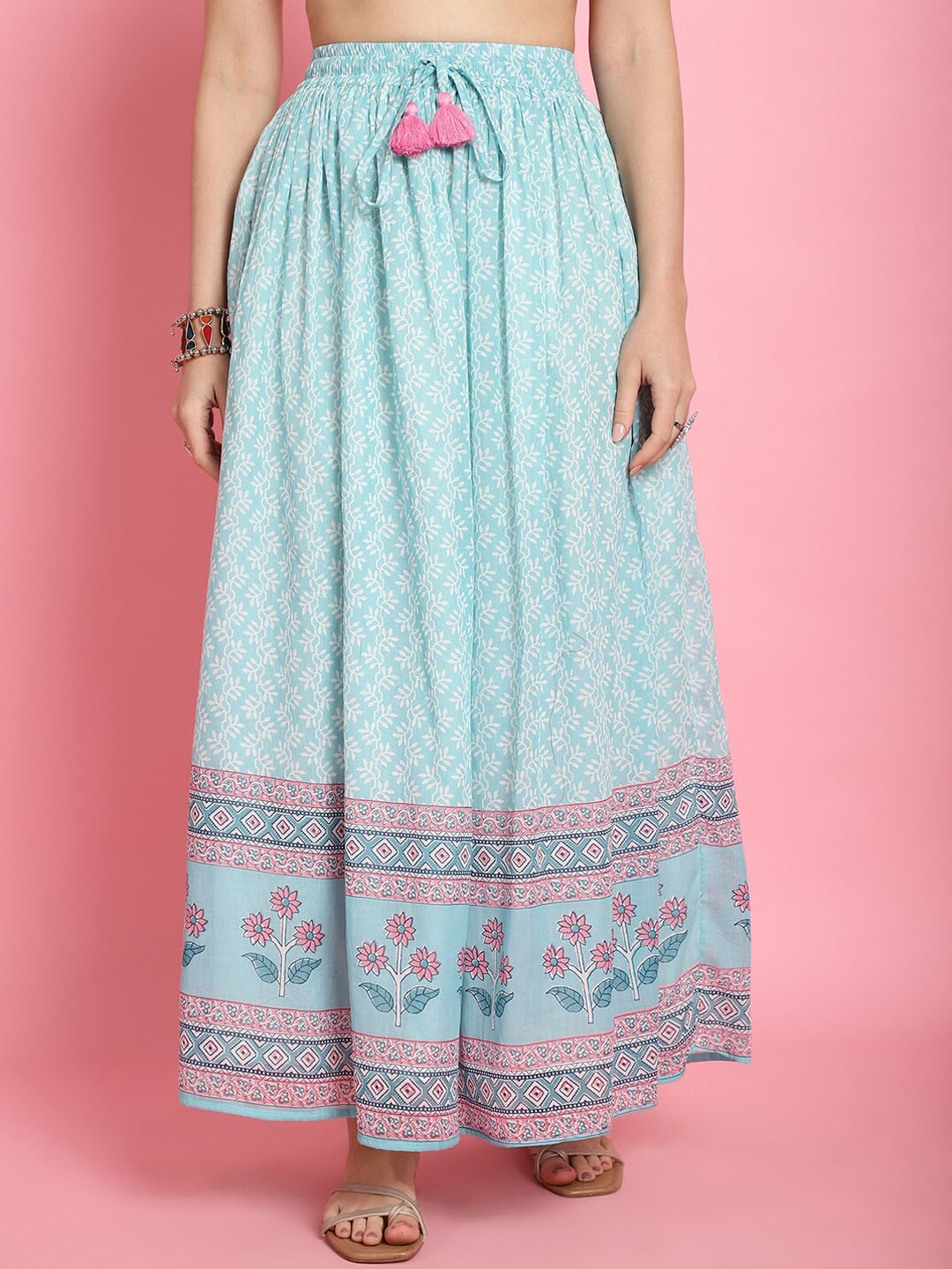 

Prakrti Printed Pure Cotton Flared Maxi Skirt, Turquoise blue