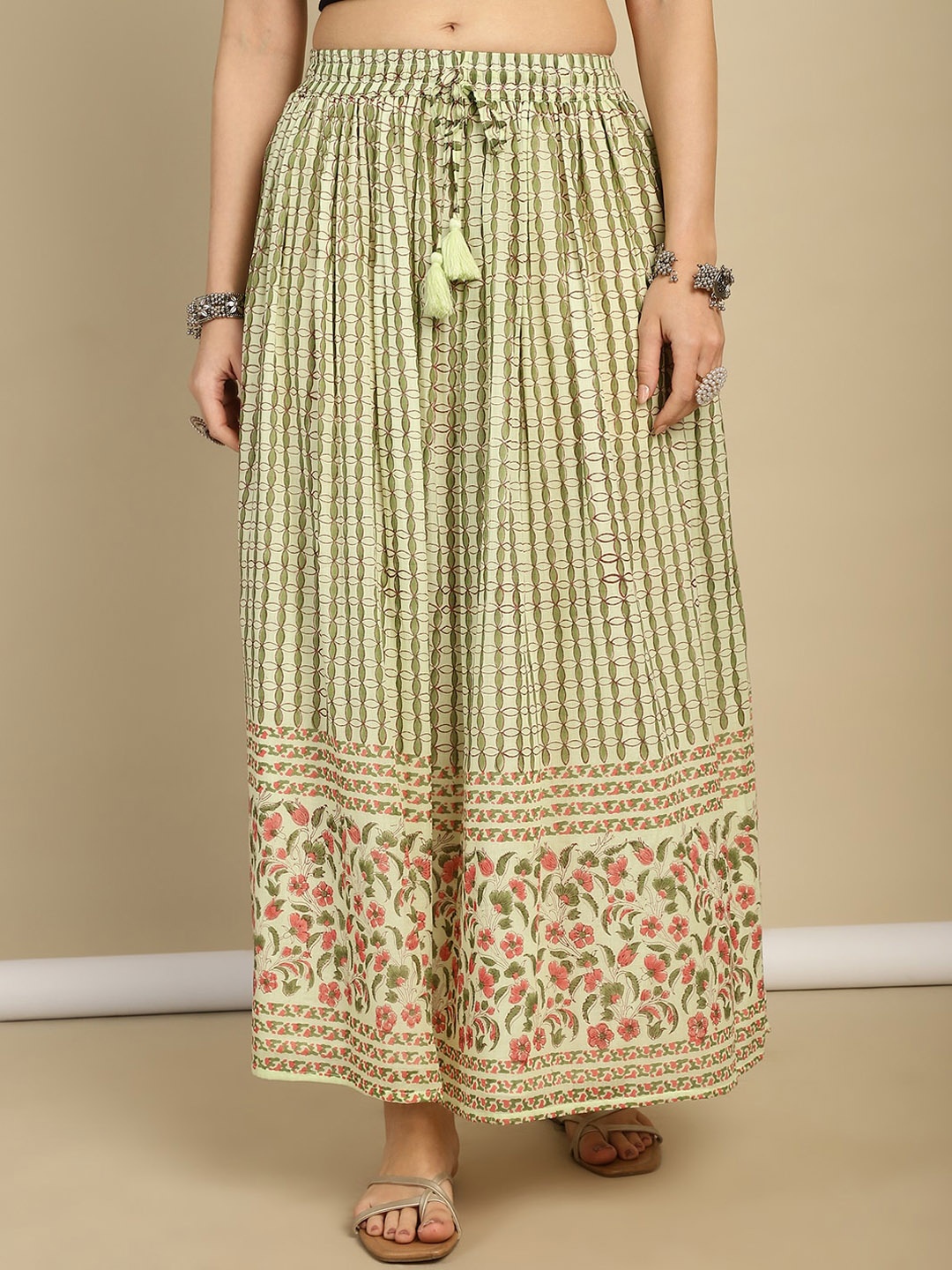 

Prakrti Printed Pure Cotton Flared Maxi Skirt, Olive