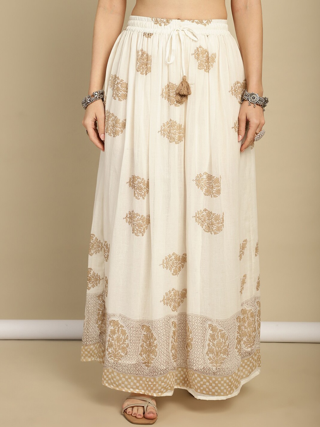 

Prakrti Printed Pure Cotton Flared Maxi Skirt, Beige