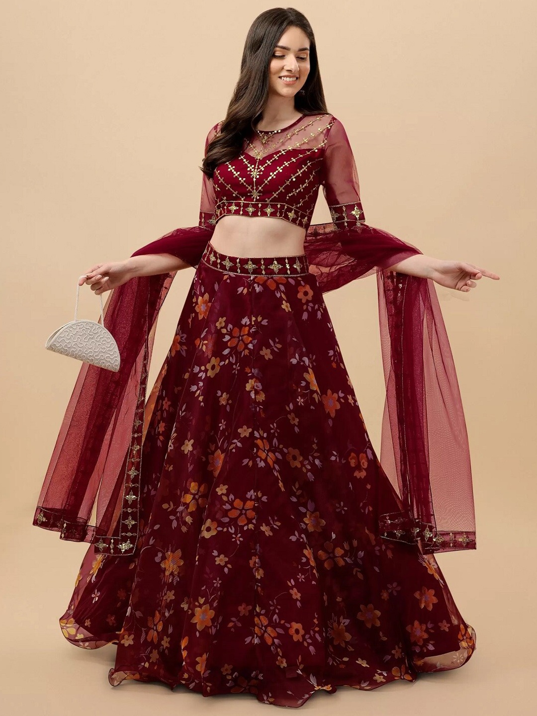 

BAESD Embroidered Sequinned Semi-Stitched Lehenga & Unstitched Blouse With Dupatta, Maroon