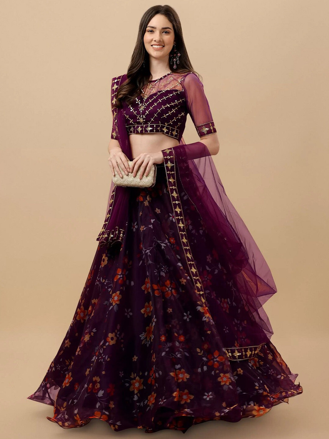 

BAESD Embroidered Sequinned Semi-Stitched Lehenga & Unstitched Blouse With Dupatta, Purple