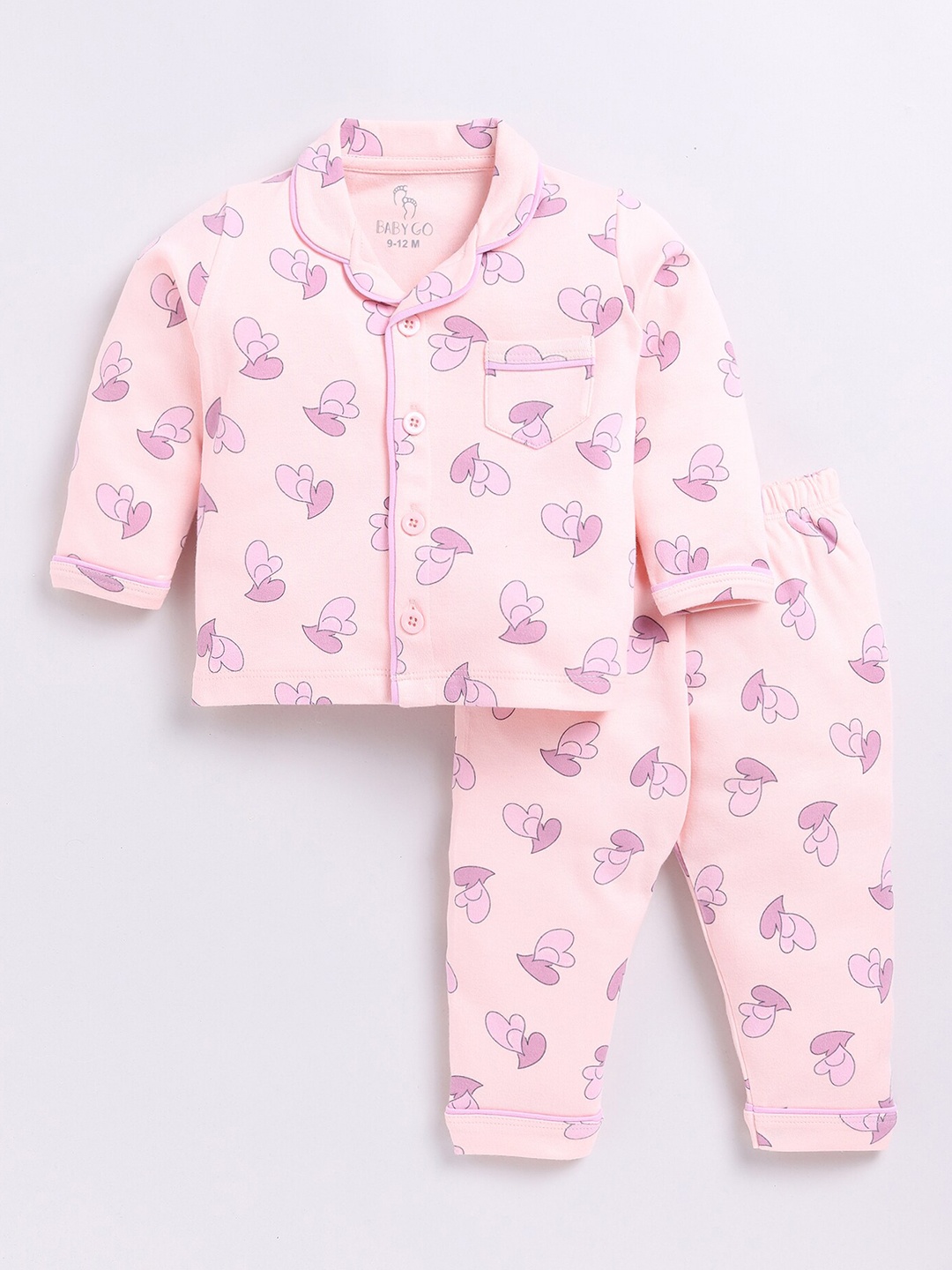 

BABY GO Girls Conversational Printed Lapel Collar Pure Cotton Night Suit, Peach