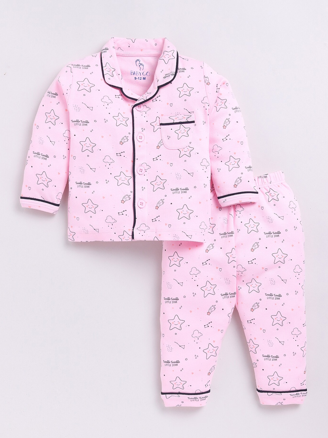 

BABY GO Girls Conversational Printed Lapel Collar Pure Cotton Night Suit, Pink