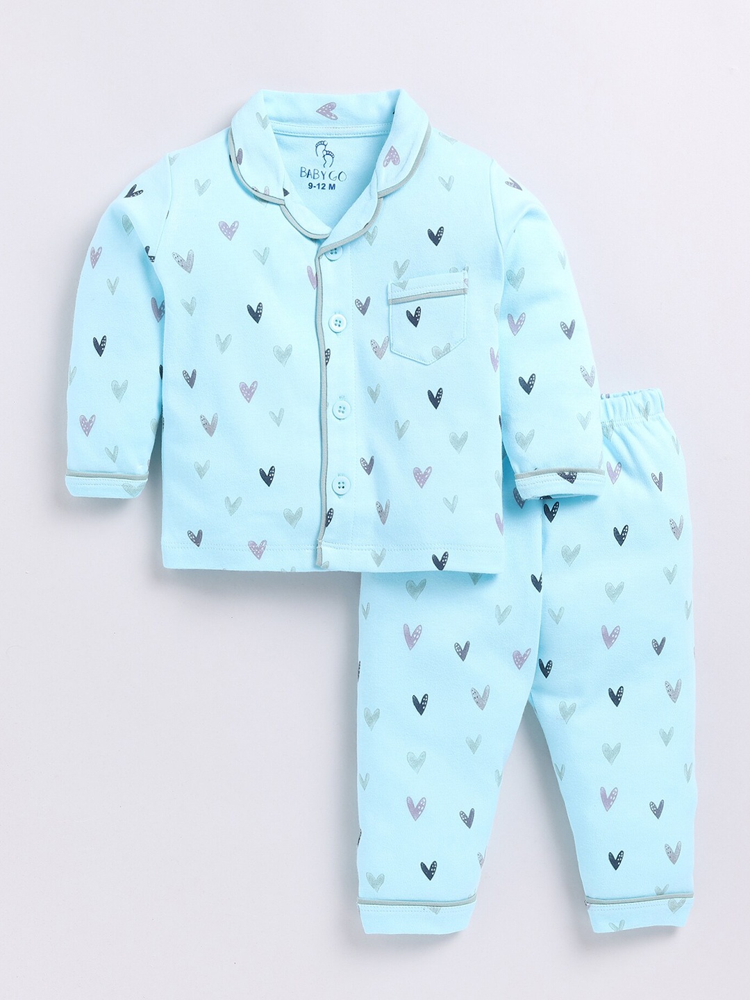 

BABY GO Girls Conversational Printed Lapel Collar Pure Cotton Night Suit, Blue