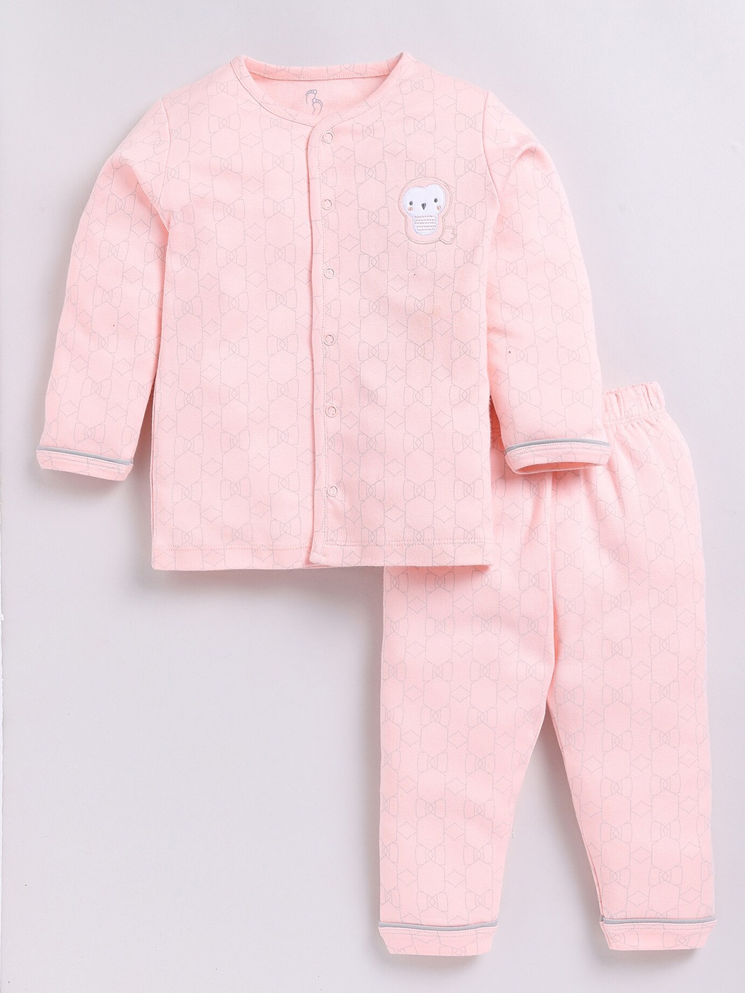 

BABY GO Girls Geometric Printed Lapel Collar Pure Cotton Night Suit, Peach