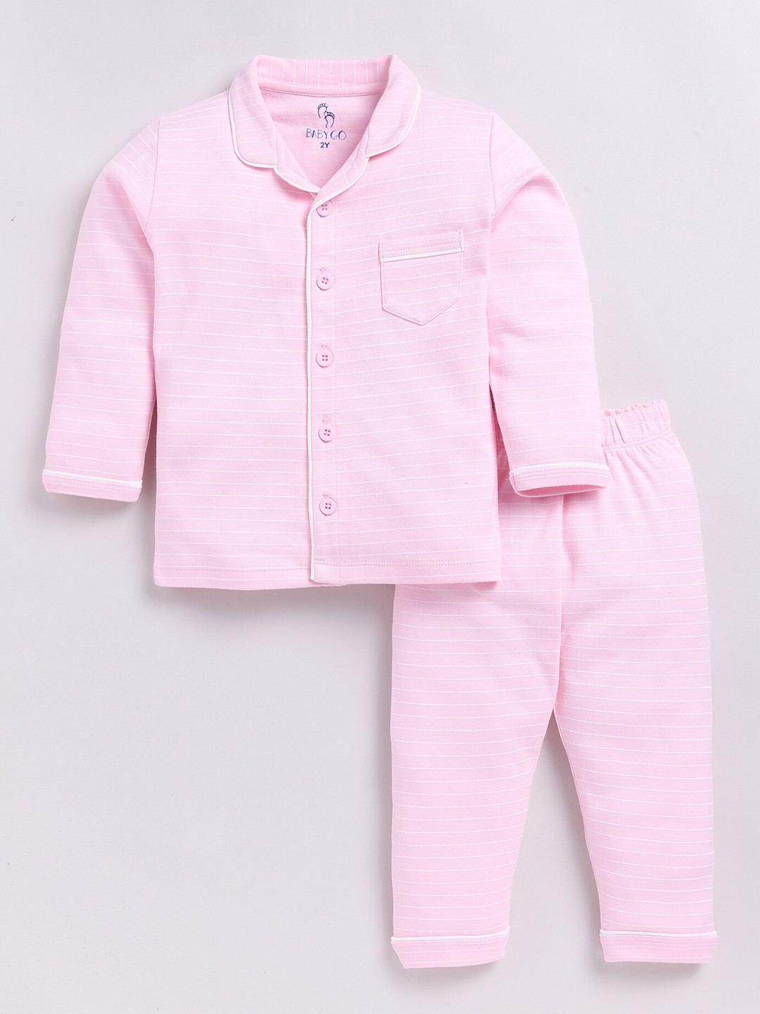 

BABY GO Girls Striped Lapel Collar Pure Cotton Night Suit, Pink