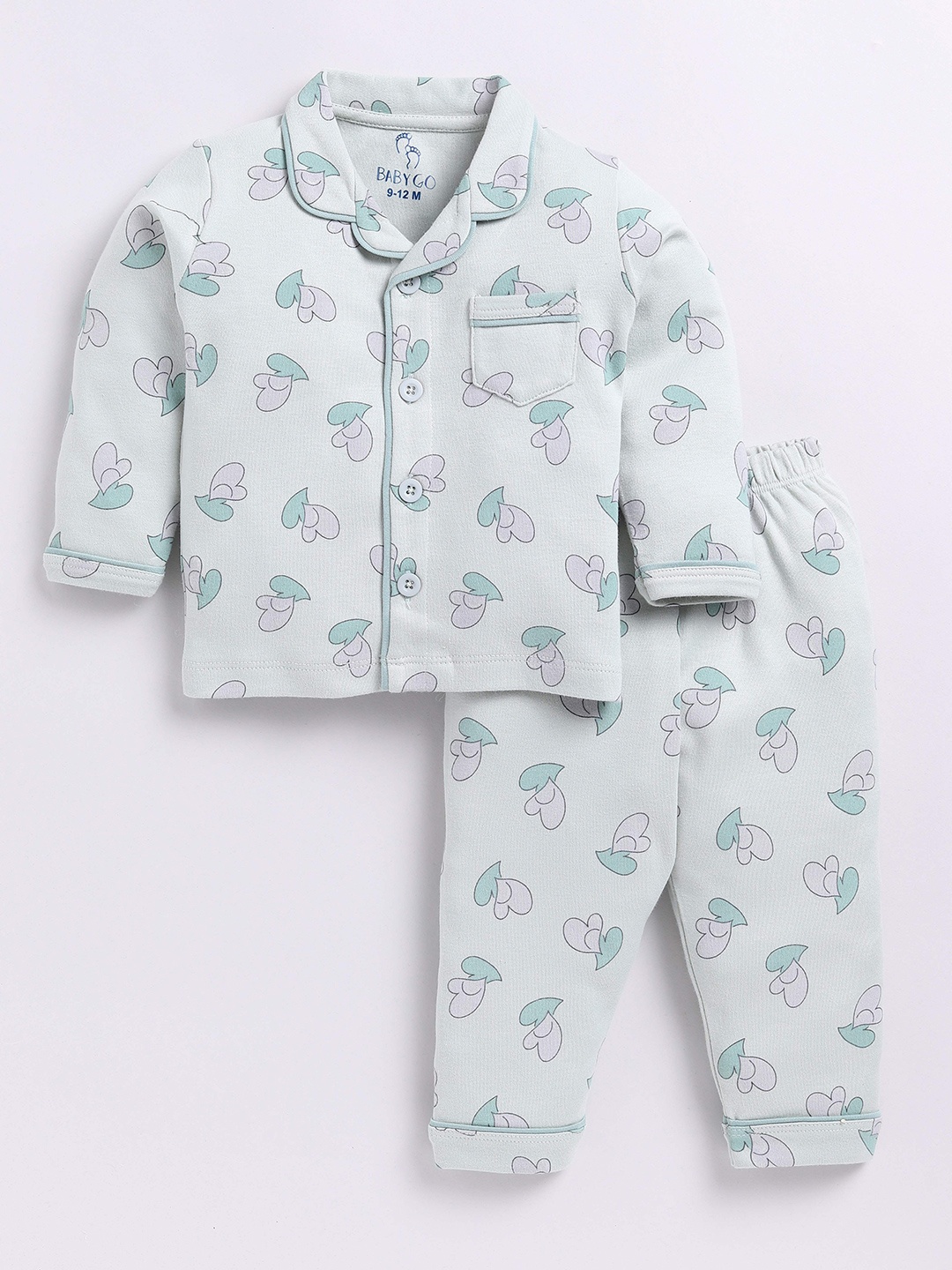 

BABY GO Girls Conversational Printed Lapel Collar Pure Cotton Night Suit, Green
