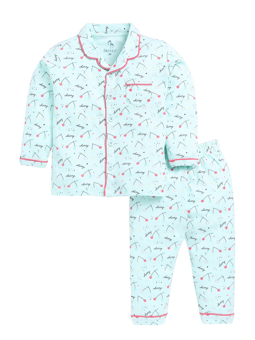 

BABY GO Girls Conversational Printed Lapel Collar Pure Cotton Night Suit, Blue