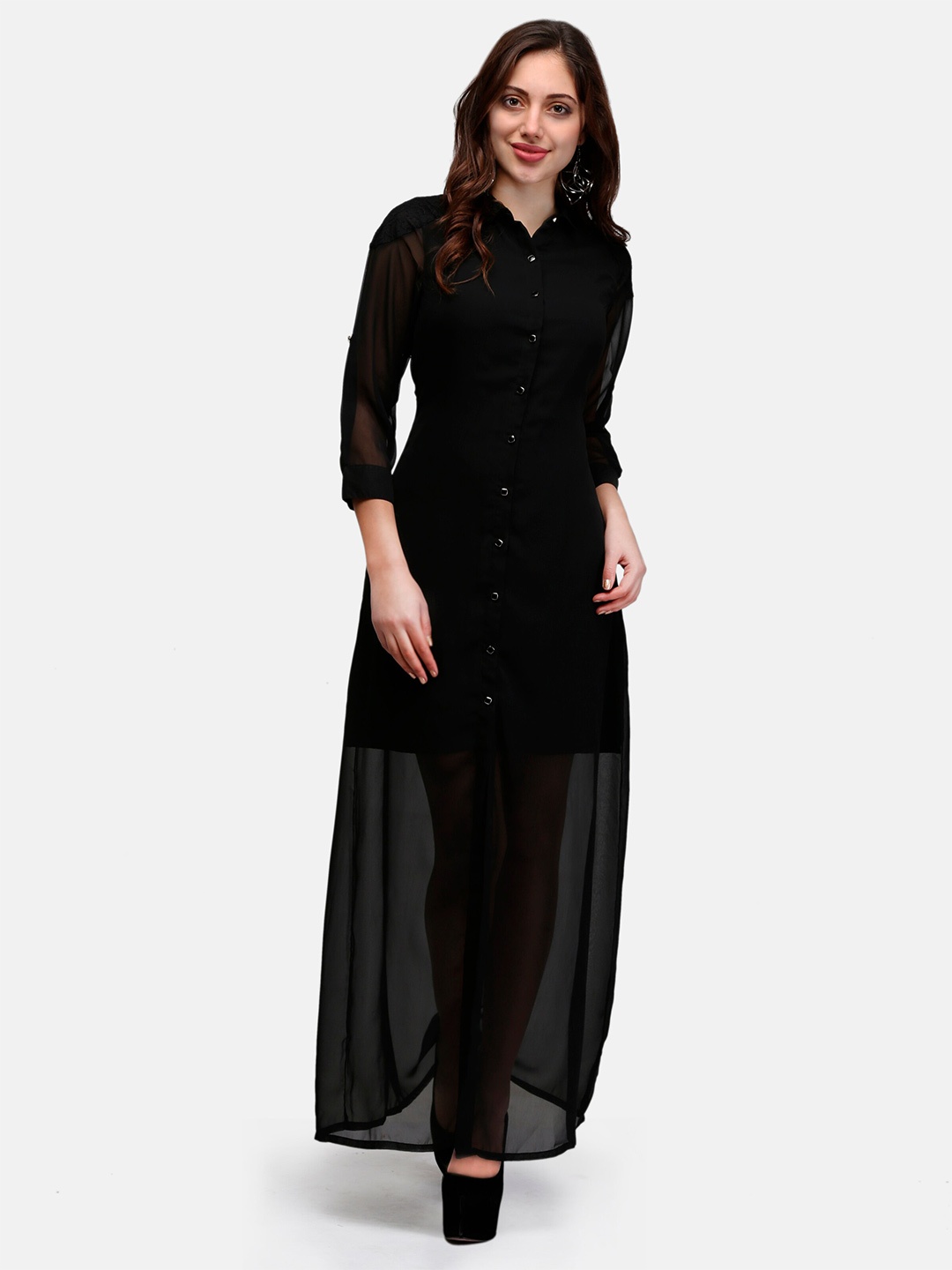 

V&M Shirt Collar Cuffed Sleeves Shirt Maxi Dress, Black