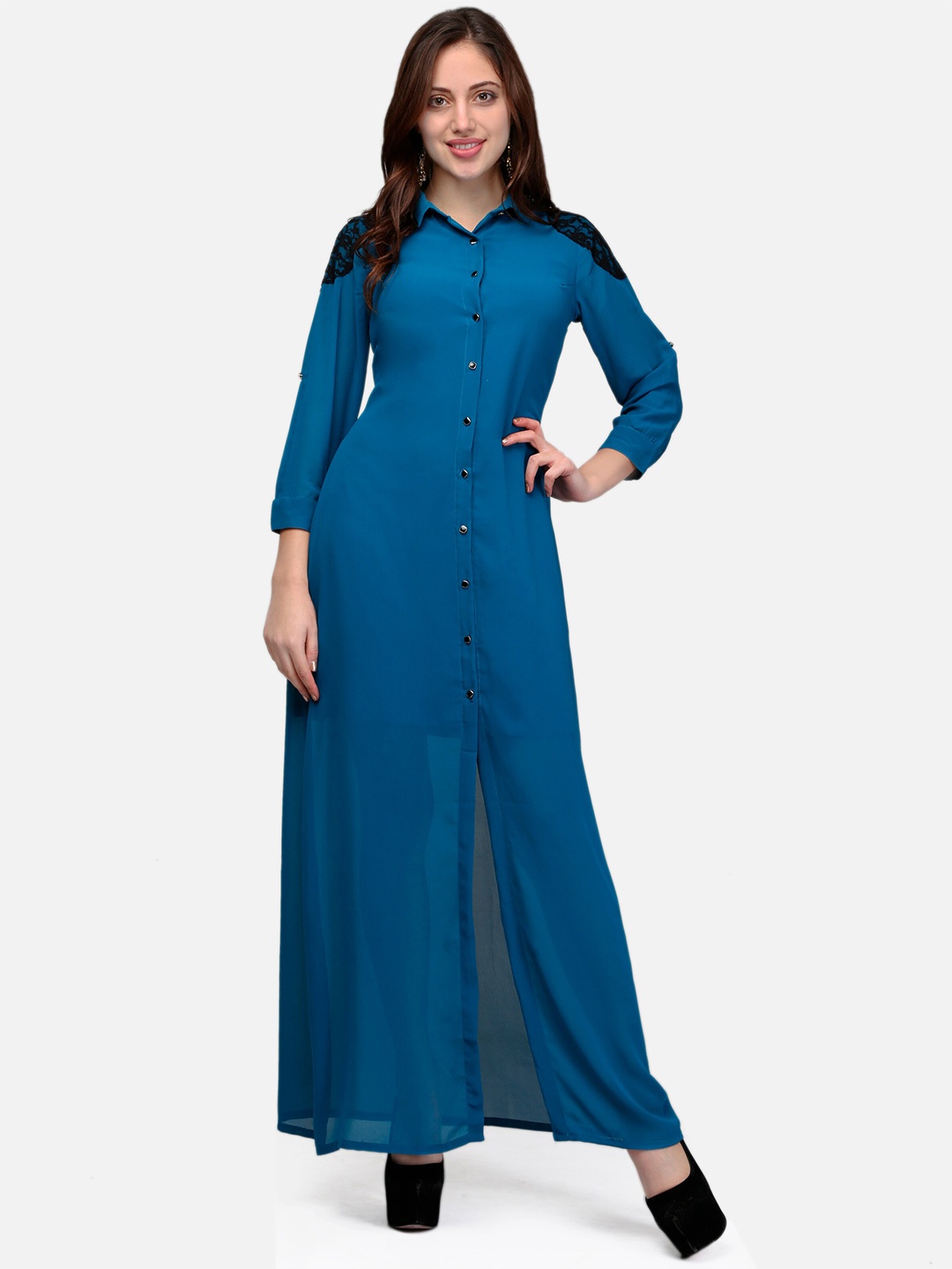 

V&M Shirt Collar Georgette Maxi Dress, Teal