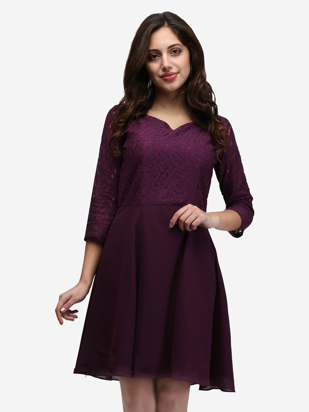 

V&M Sweetheart Neck Cotton Fit & Flare Dress, Purple