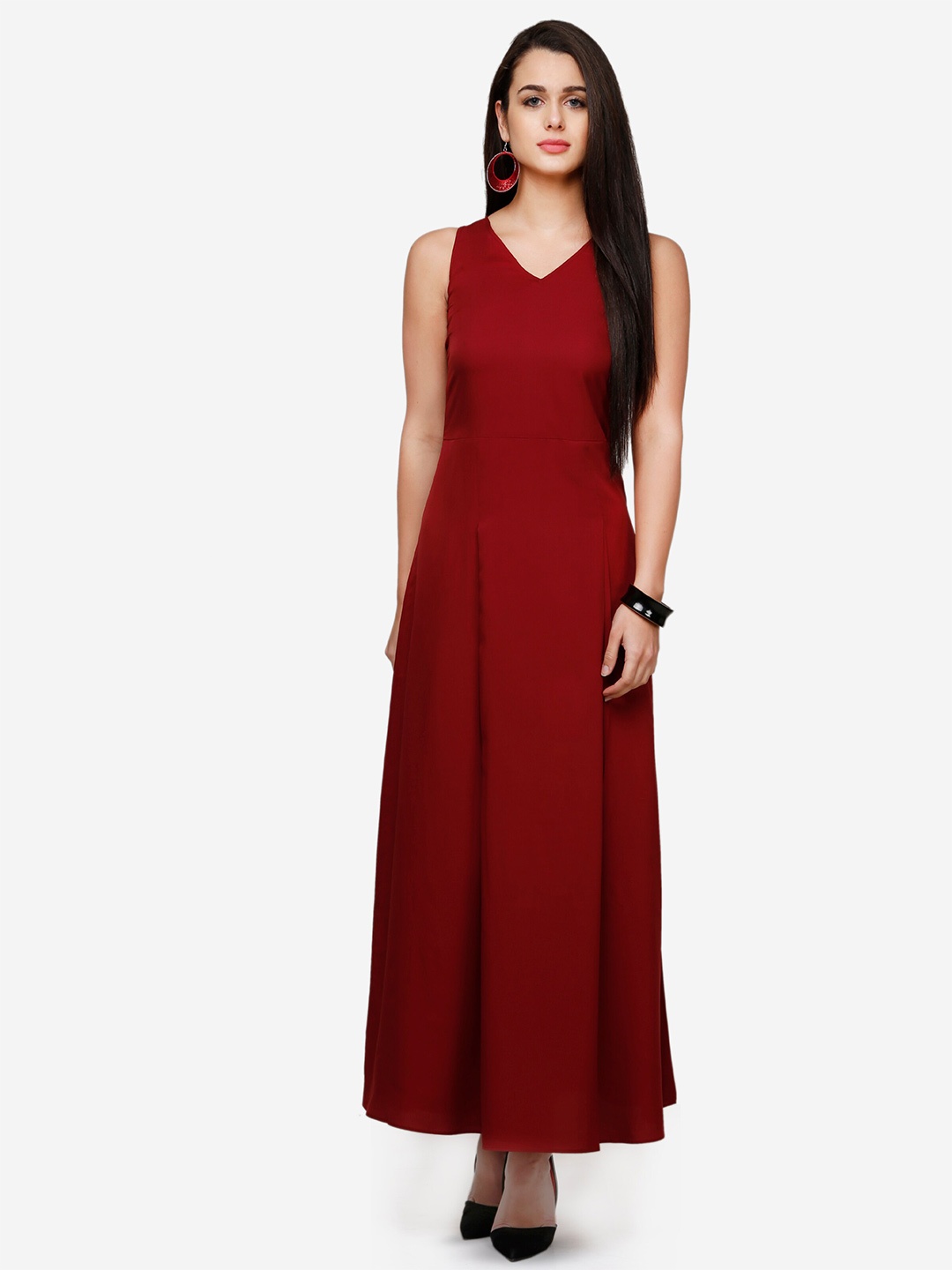 

V&M V Neck Crepe Sleeveless Maxi Dress, Maroon