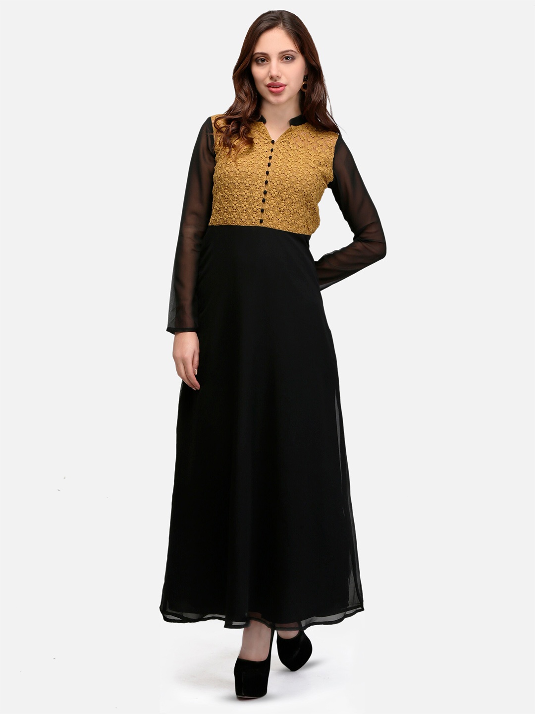 

V&M Mandarin Collar Lace Cotton Maxi Dress, Mustard