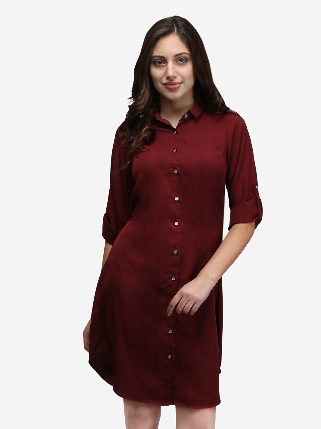 

V&M Crepe Roll Up Sleeves Shirt Style Dress, Maroon