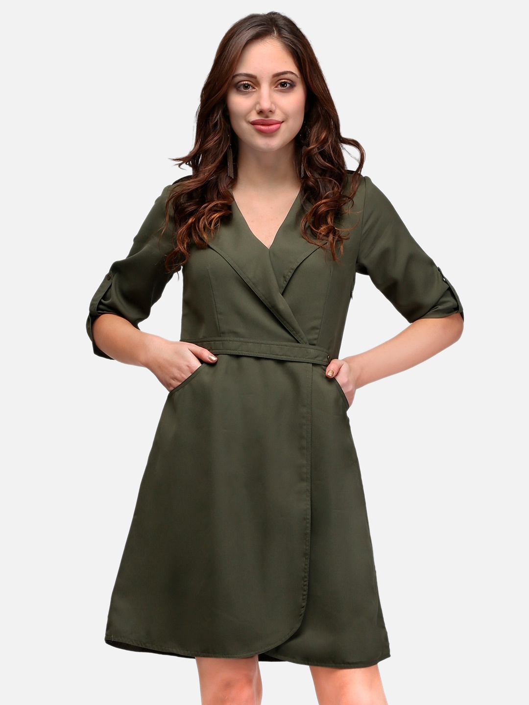 

V&M Shirt Collar Crepe Wrap Dress, Olive