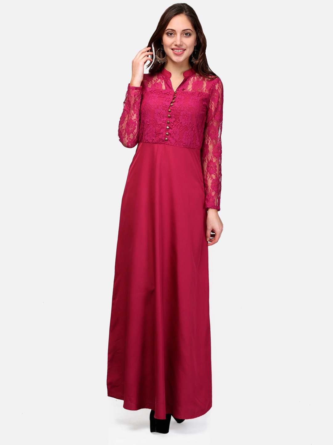 

V&M Self Design Mandarin Collar Lace Front Button Maxi Dress, Pink