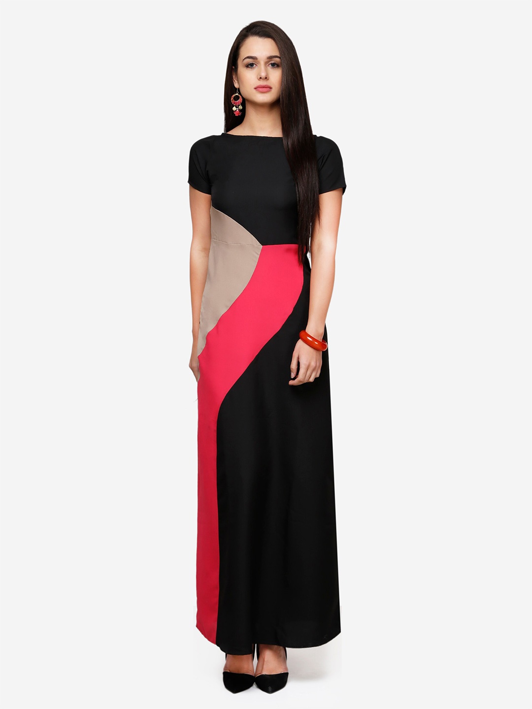 

V&M Colourblocked Boat Neck Maxi Dress, Black
