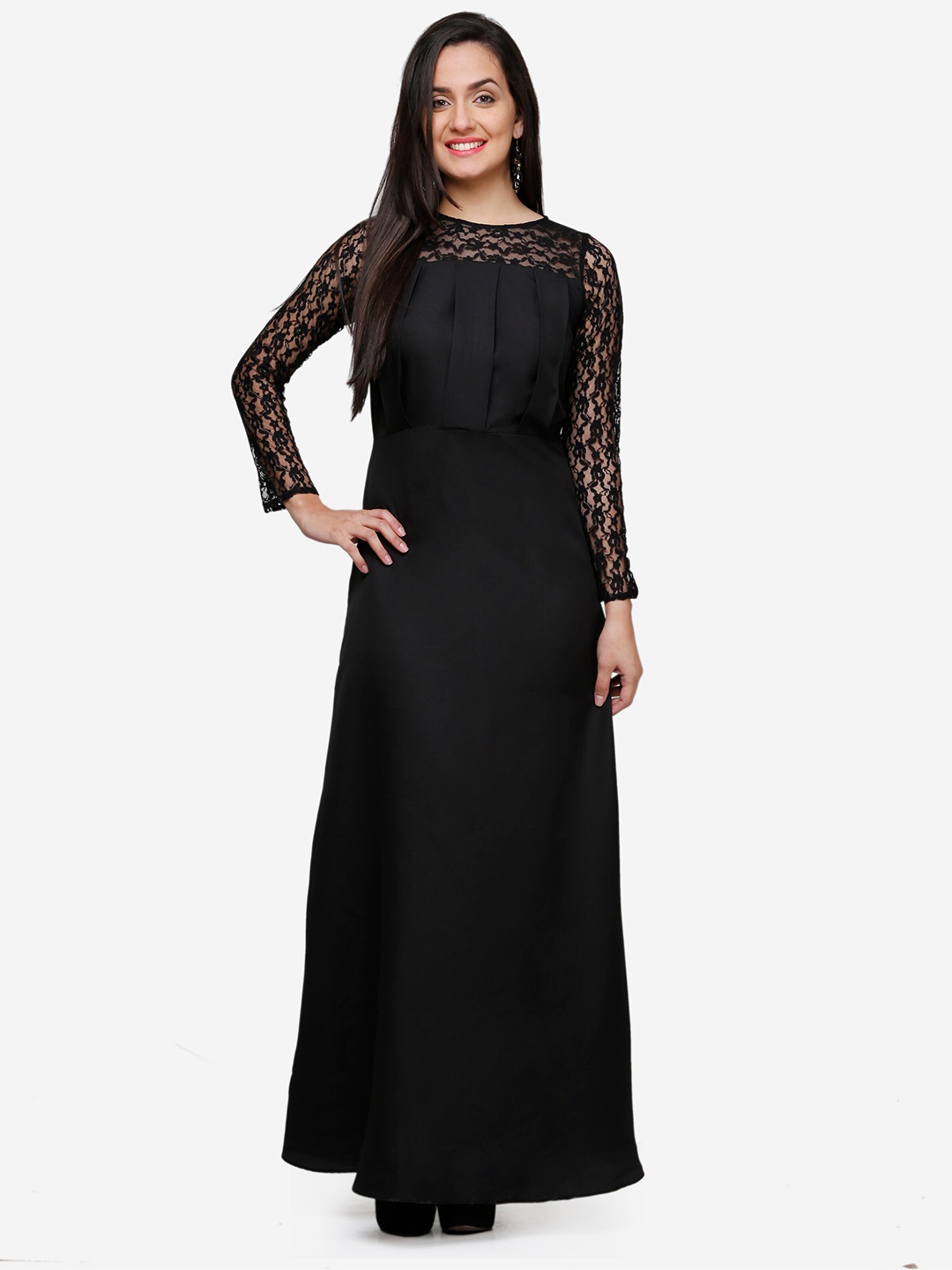 

V&M Round Neck Crepe Maxi Dress, Black