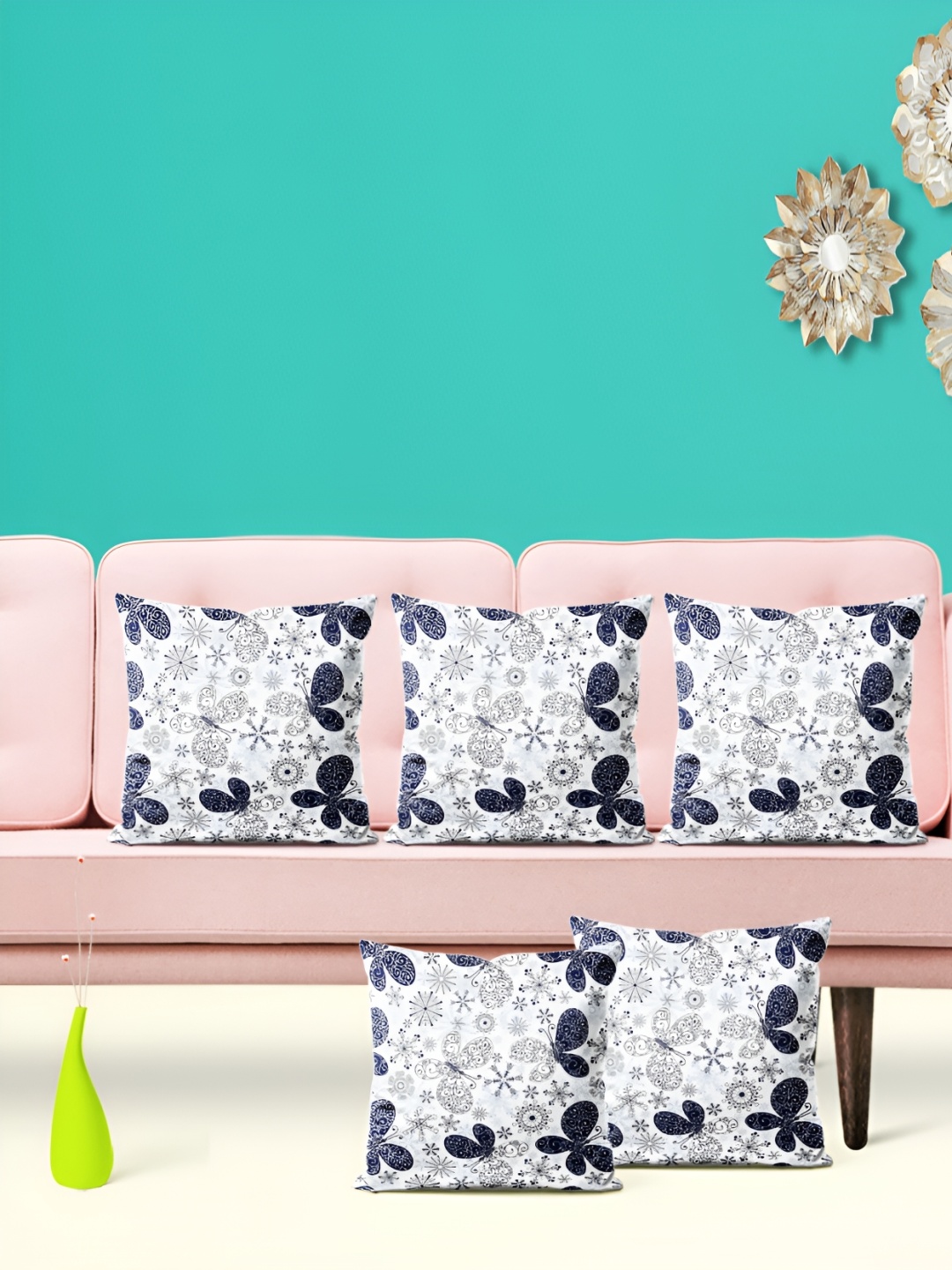 

ArtzFolio White & Navy Blue 5 Pieces Self Design Velvet Square Cushion Covers