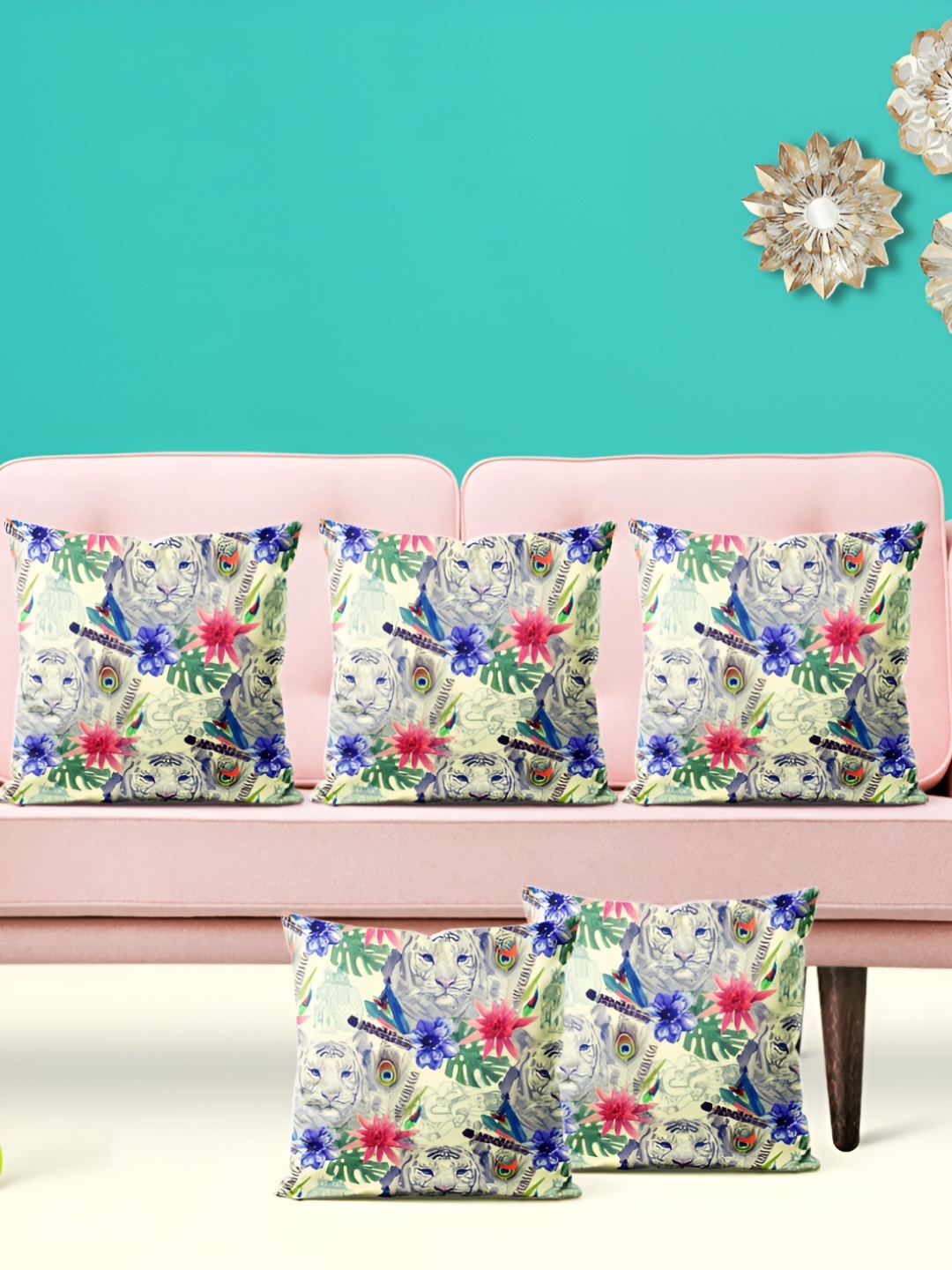

ArtzFolio White & Blue 5 Pcs Floral Velvet Square Cushion Covers