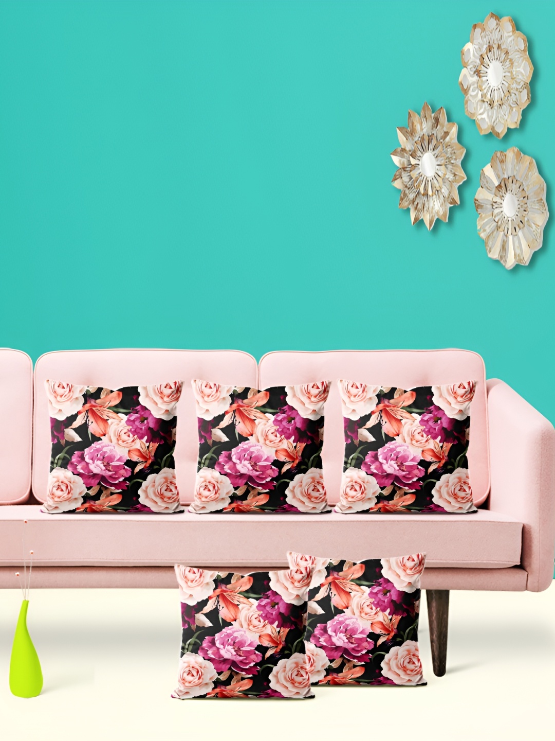 

ArtzFolio Pink & Black Floral Printed 5 Pieces Square Cushion Covers