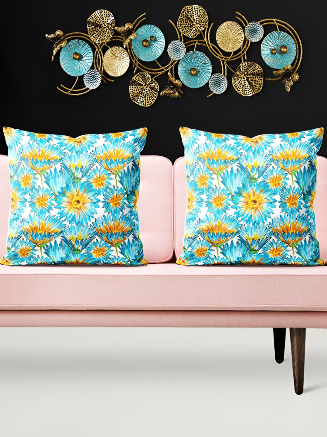 

ArtzFolio Blue & Yellow 5 Pieces Floral Printed Square Cushion Covers