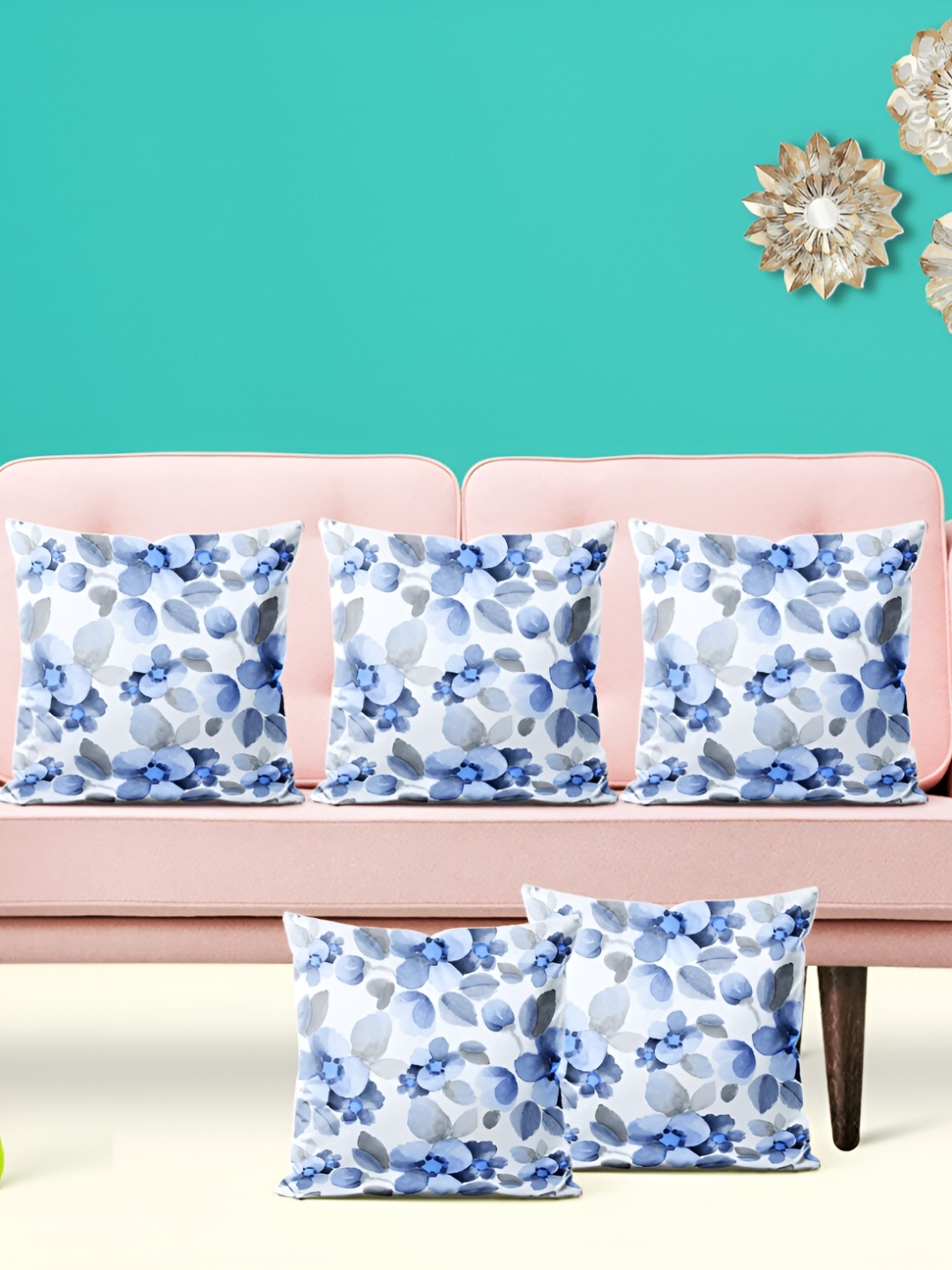 

ArtzFolio Blue 5 Pieces Floral Printed Square Cushion Covers