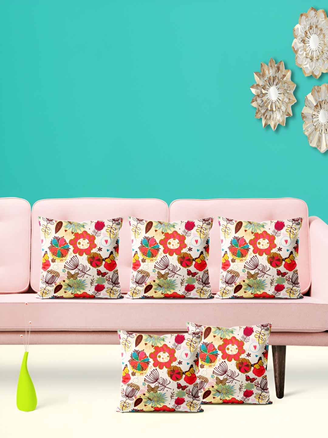 

ArtzFolio White & Red 5 Pieces Floral Printed Square Cushion Covers