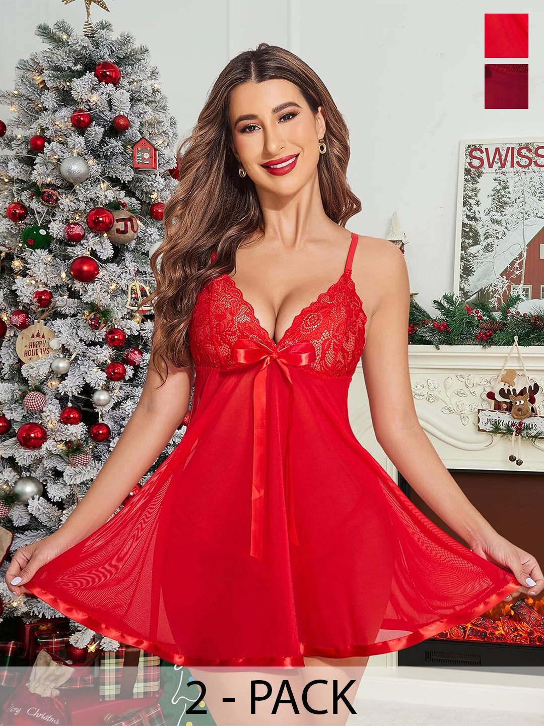 

Aamarsh Women Net Baby Doll Pack of 2, Red