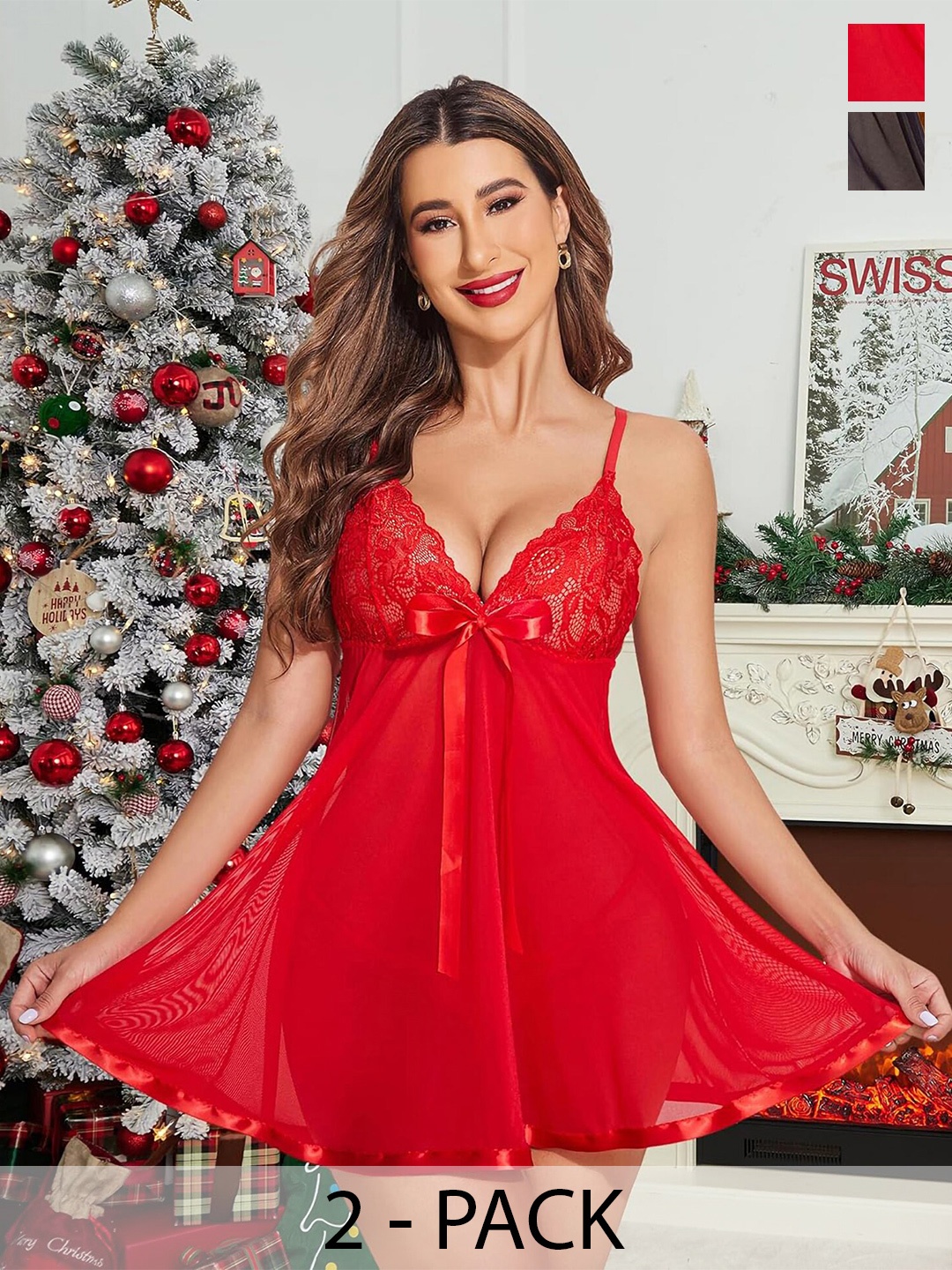 

Aamarsh Women Net Baby Doll Pack of 2, Red