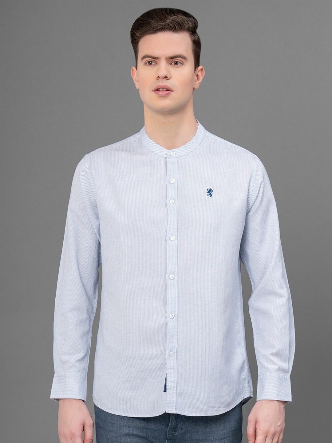 

Red Tape Pinstriped Mandarin Collar Casual Shirt, Blue
