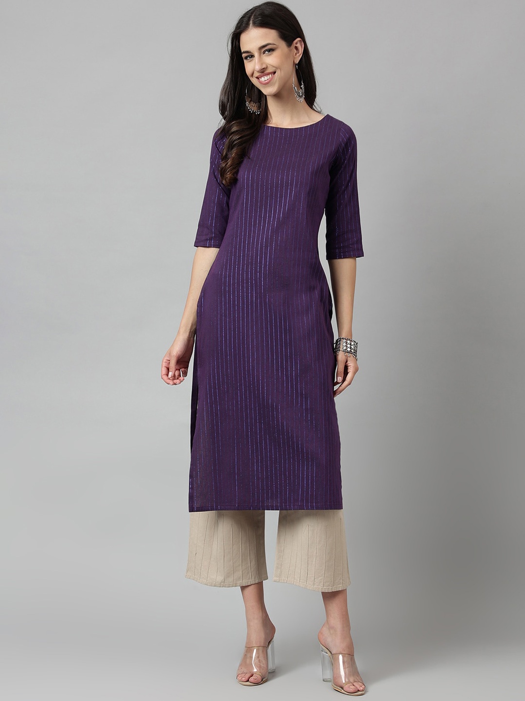 

HRITIKA Striped Round Neck Straight Kurta, Violet