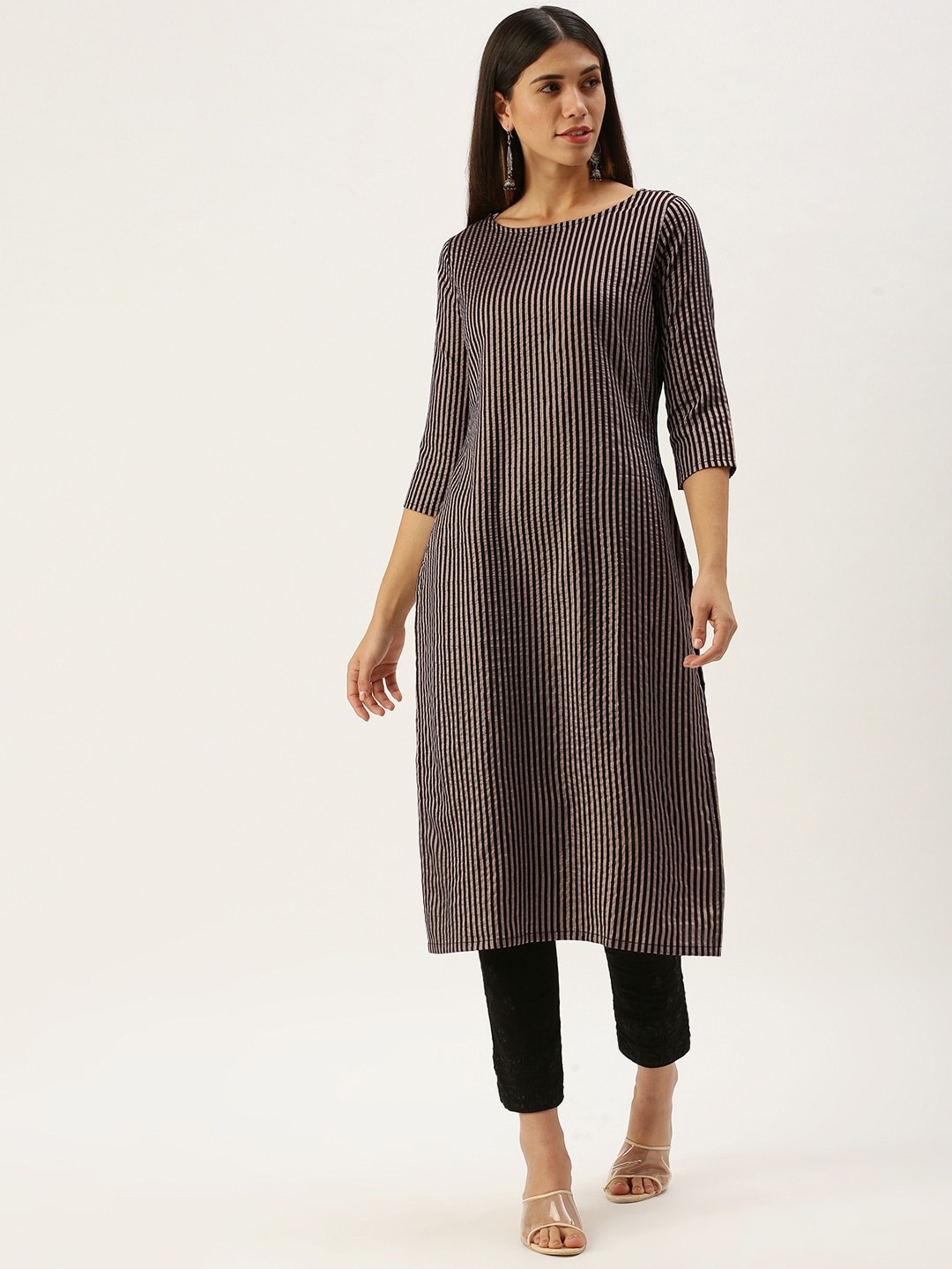 

HRITIKA Striped Round Neck Straight Kurta, Beige