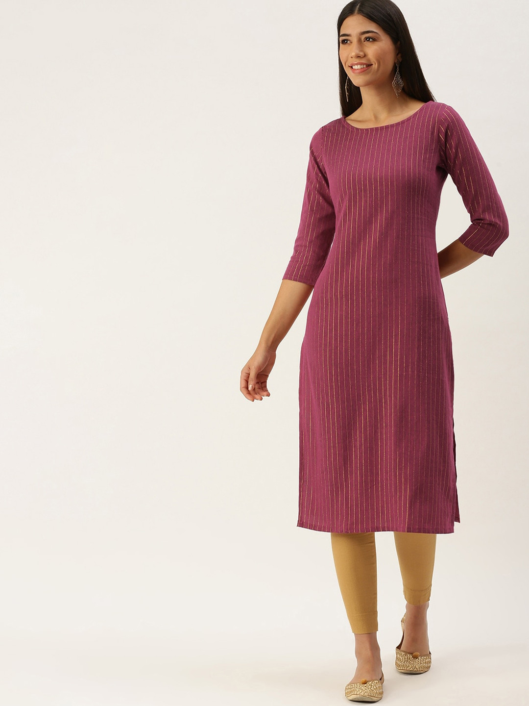 

HRITIKA Striped Round Neck Straight Kurta, Pink