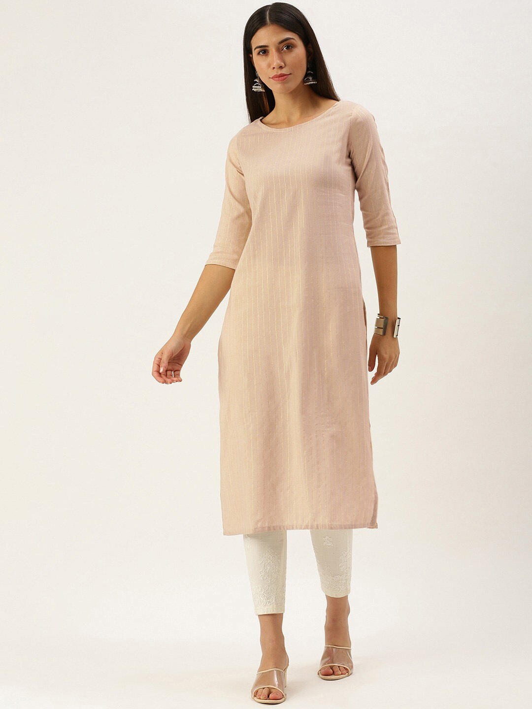 

HRITIKA Striped Round Neck Straight Kurta, Beige