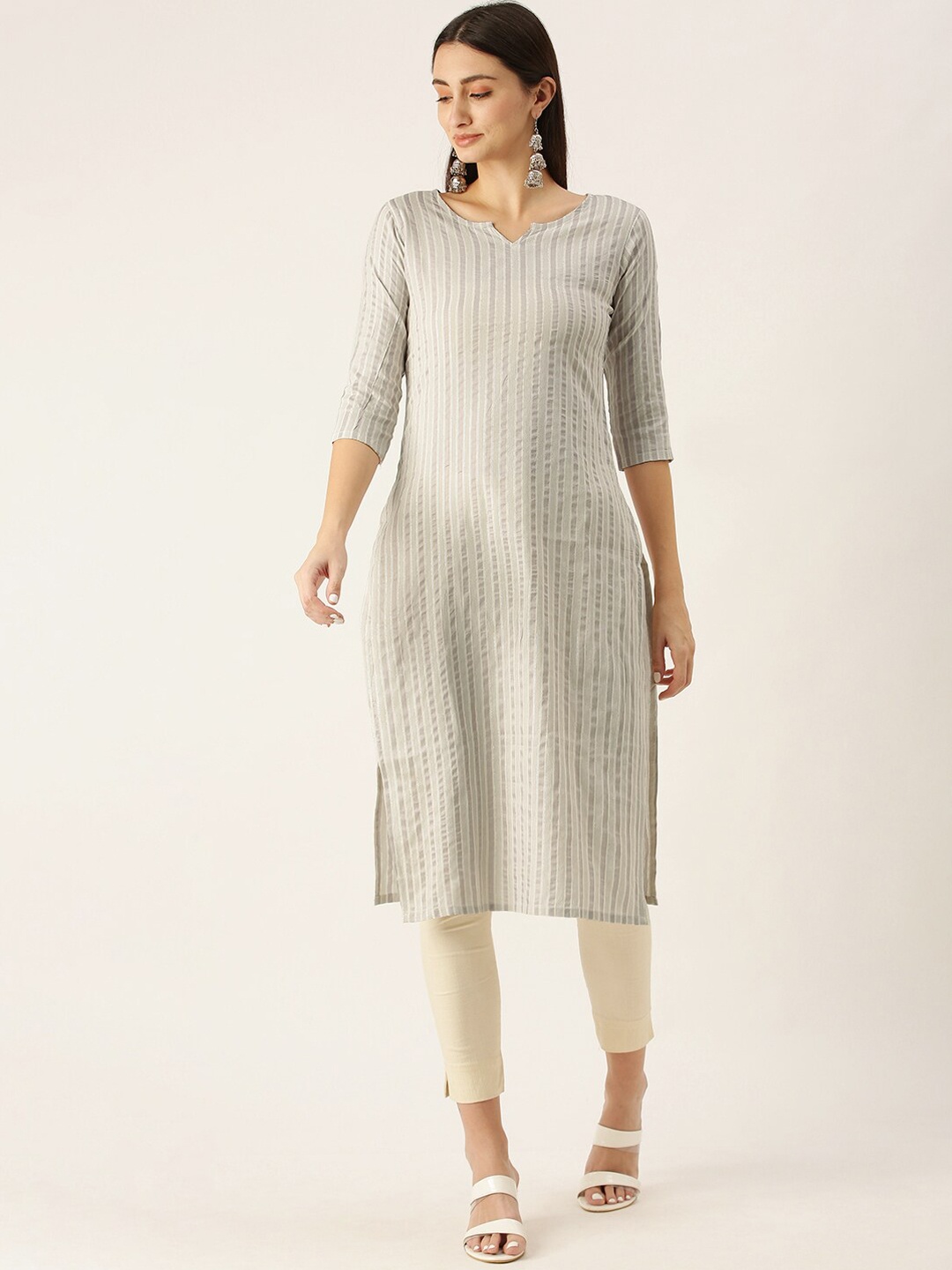 

HRITIKA Striped Round Neck Straight Kurta, White
