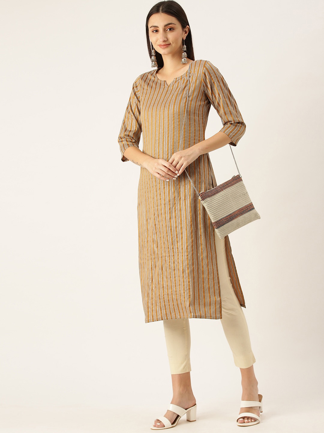 

HRITIKA Striped Round Neck Kurta, Mustard
