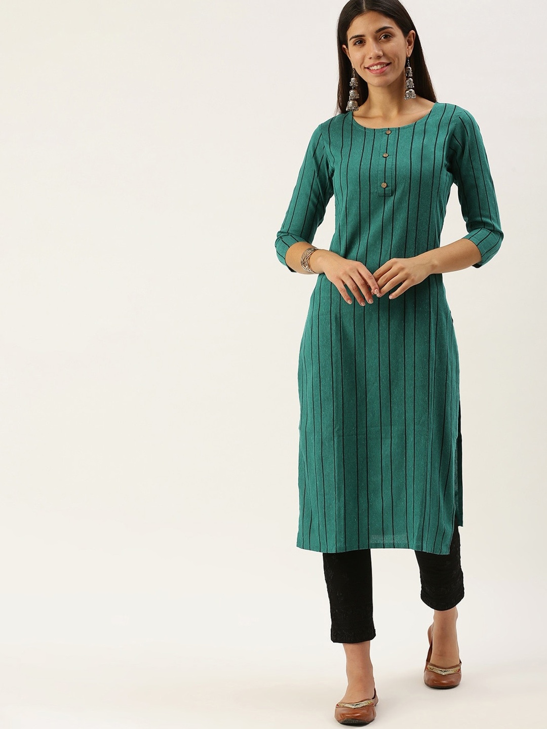 

HRITIKA Striped Round Neck Kurta, Green