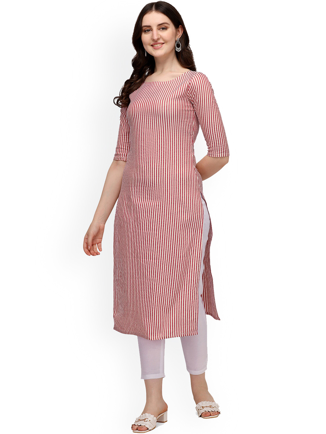 

HRITIKA Striped Round Neck Kurta, Red