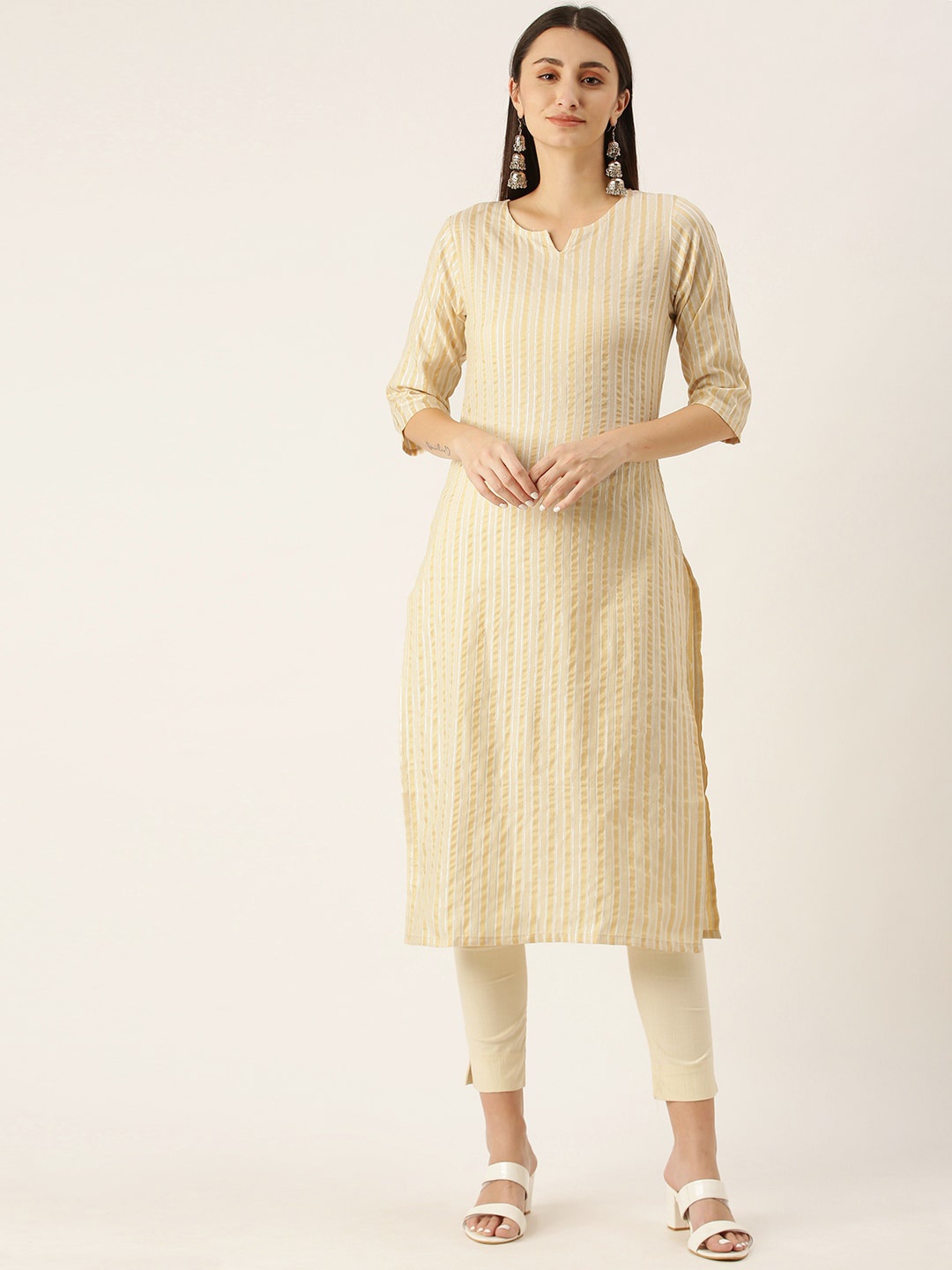 

HRITIKA Striped Round Neck Kurta, Yellow