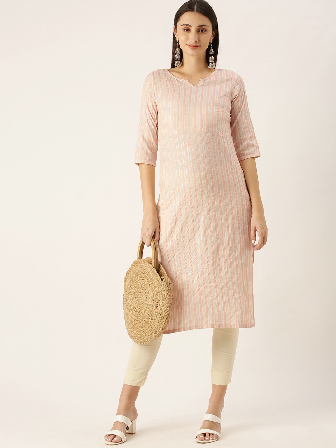 

HRITIKA Striped Woven Design Notch Neck Straight Kurta, Peach