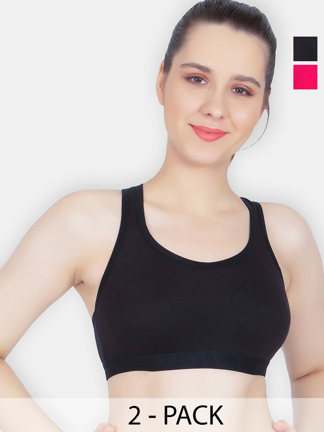 

TOFTY Pack of 2 Non Padded Training or Gym Cotton Sports Bra With All Day Comfort, Black