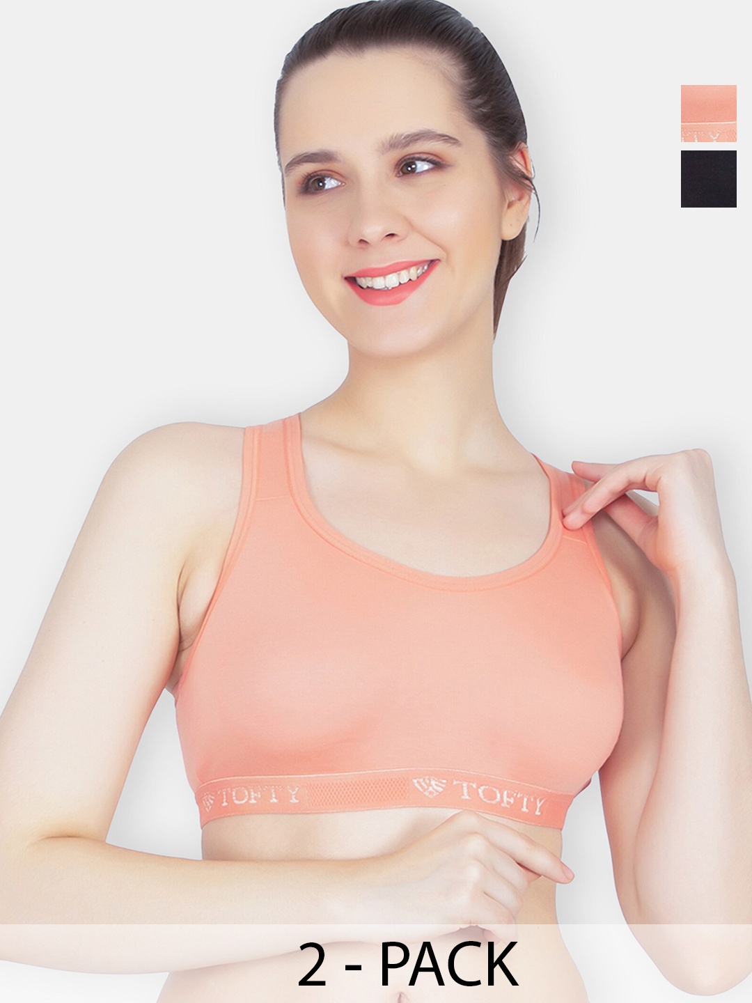 

TOFTY Pack of 2 Non Padded Training or Gym Cotton Sports Bra With All Day Comfort, Peach