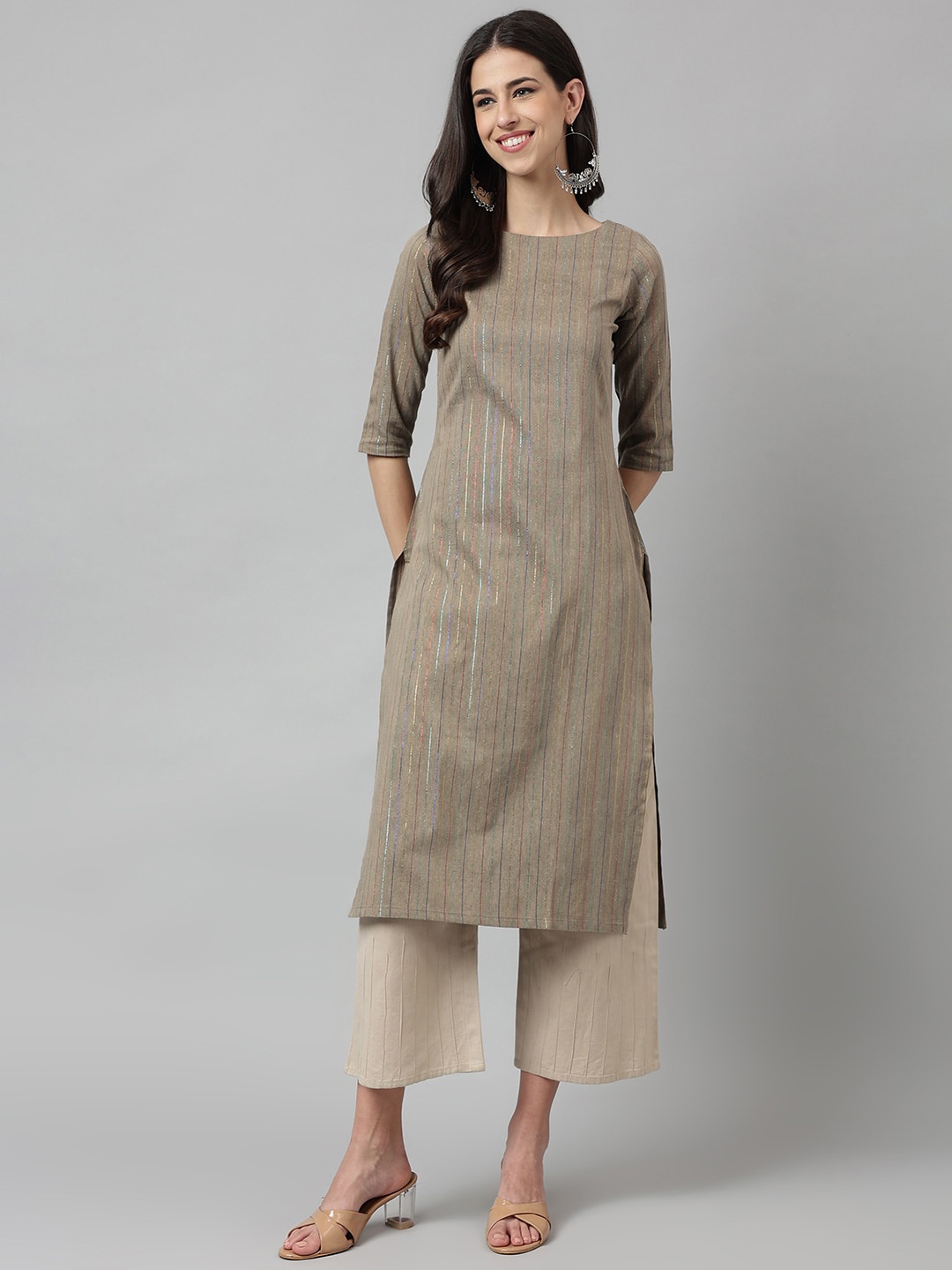 

KALINI Boat Neck Striped Straight Kurta, Grey