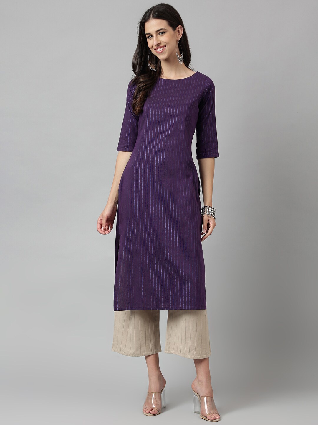 

KALINI Striped Round Neck Regular Straight Kurta, Violet