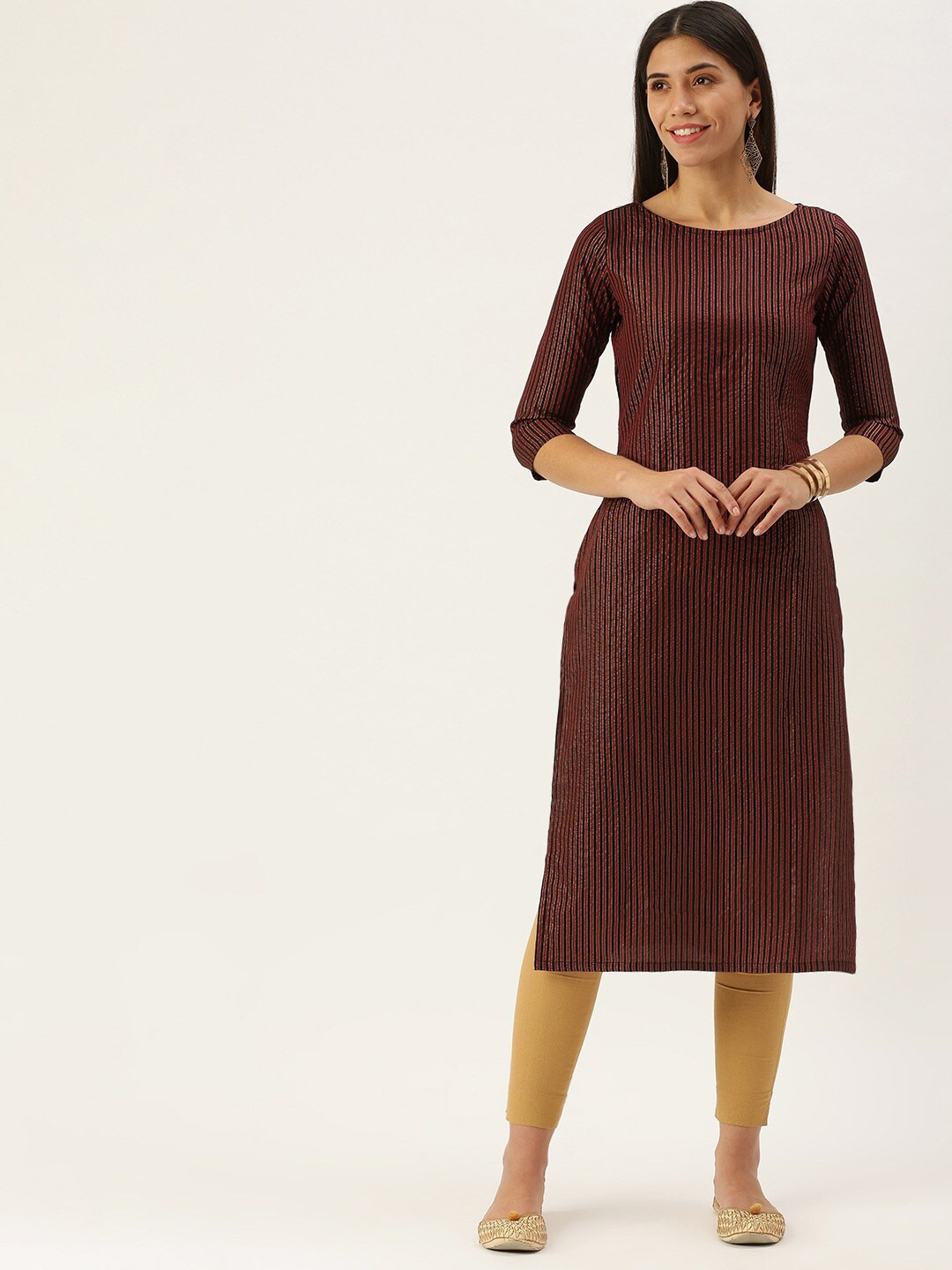 

KALINI Striped Round Neck Kurta, Maroon