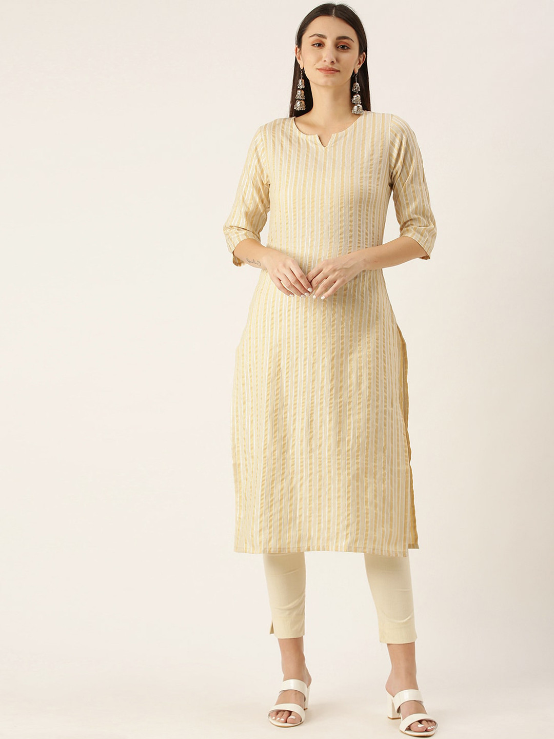 

KALINI Striped Notched Neck Kurta, Yellow